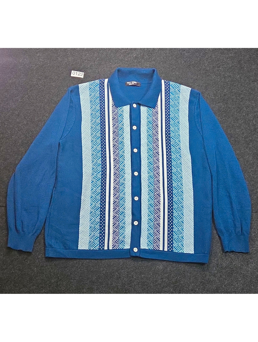 Paul Jones Men's Polo Shirt L Blue/White Striped Long Sleeve Button Front